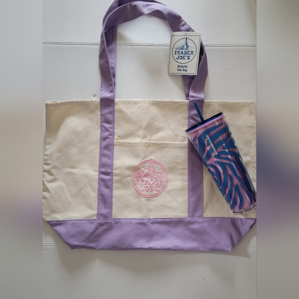 🆕️🎀BOGO Starbucks Zebra Purple Cup w/ Free Trader Joe's Lavender/Purple Tote